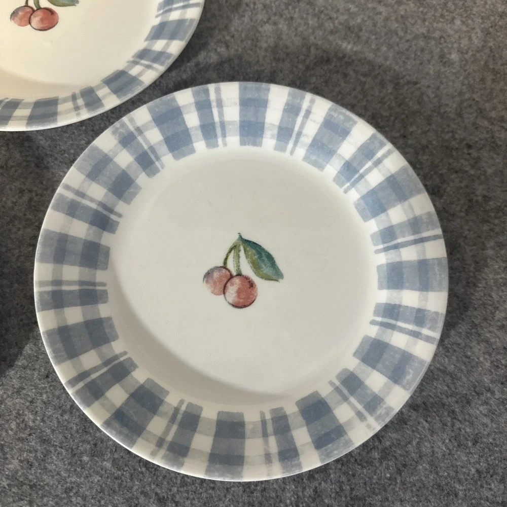 Corelle Set of‎ 5 Dessert Salad Plates Fruit Too Cherries Blue Plaid 7-1/4